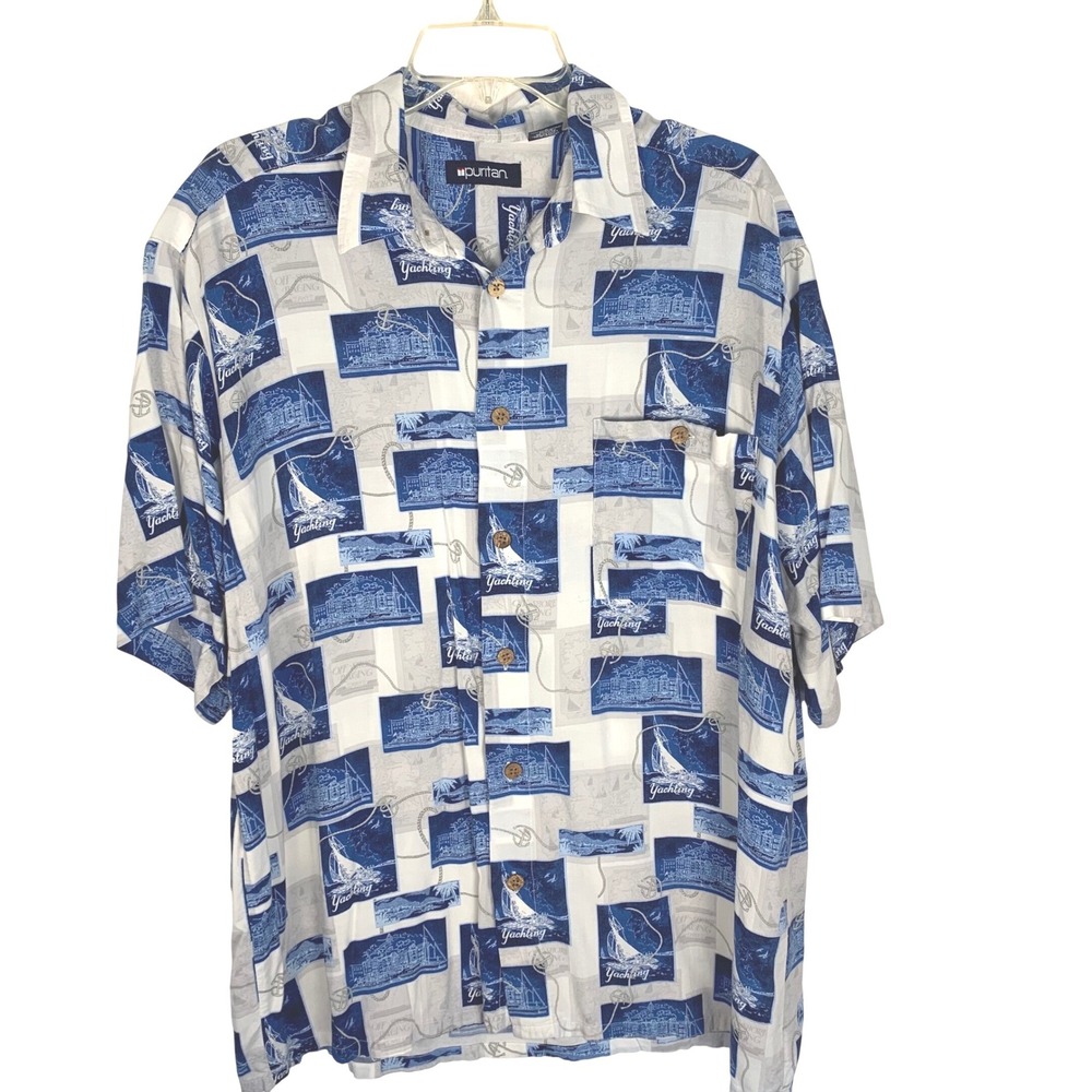 Puritan Mens L Nautical Shirt Blue White Yachting Sailboat Short Sleeve EUC